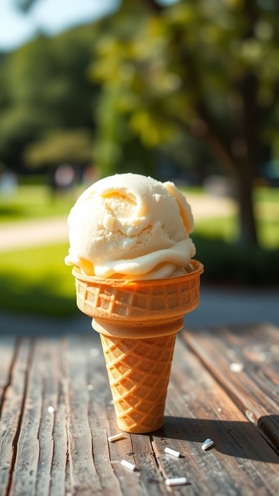 Classic Ice Cream Cone Recipe A golden ice cream cone filled with vanilla ice cream and sprinkles on a rustic table.